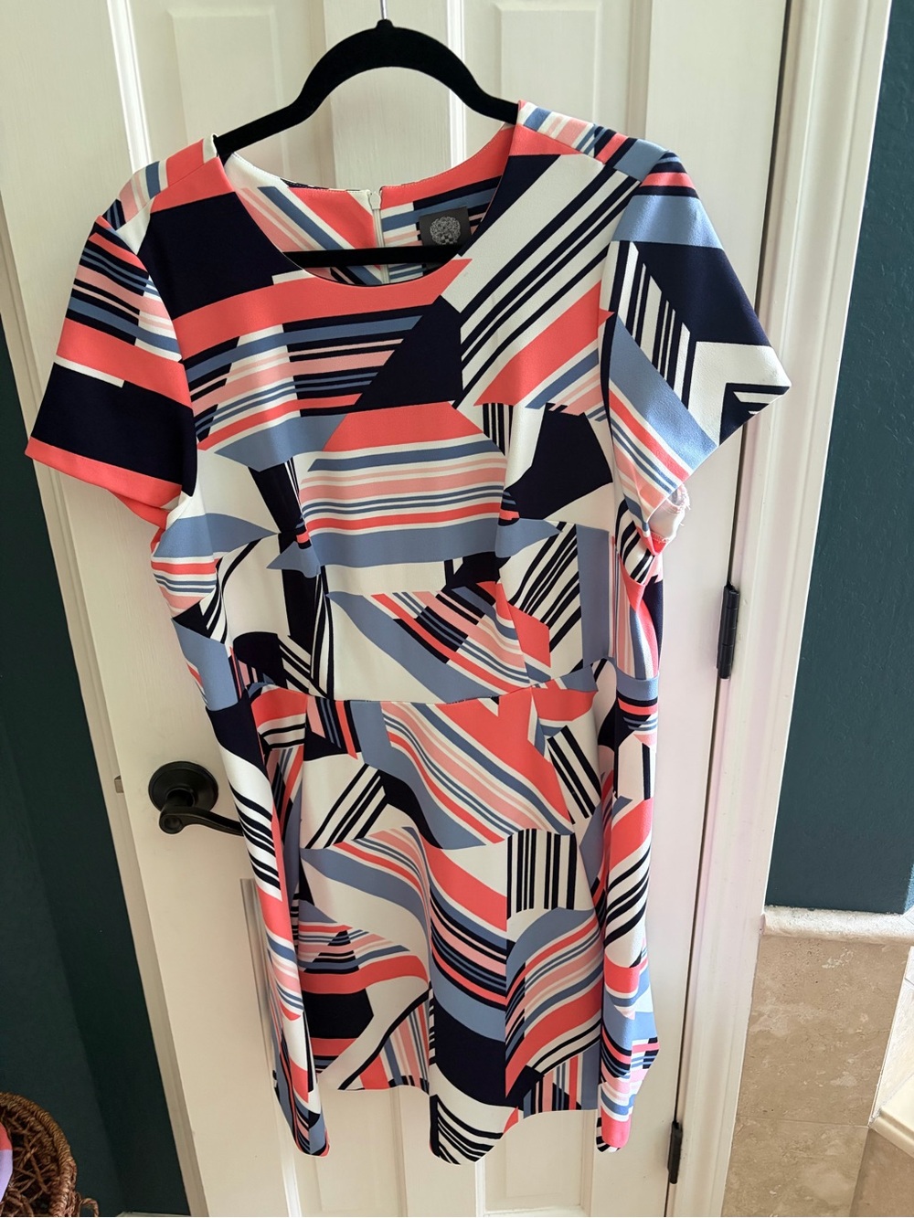 Vince Camuto Geometric Midi Shift Dress in Coral, Navy & Light Blue